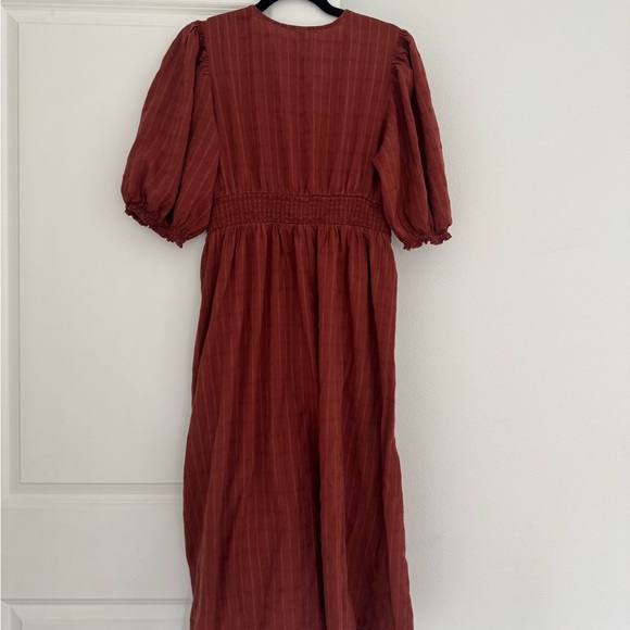 Old Navy women’s Fit & Flare Puff-Sleeve Dobby rust colored Midi Dress LARGE - Picture 2 of 6